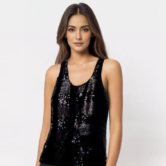 Calvin Klein Black Sequin Scoop Sleeveless Top Quick Dry Sz Sm - Picture 1 of 7